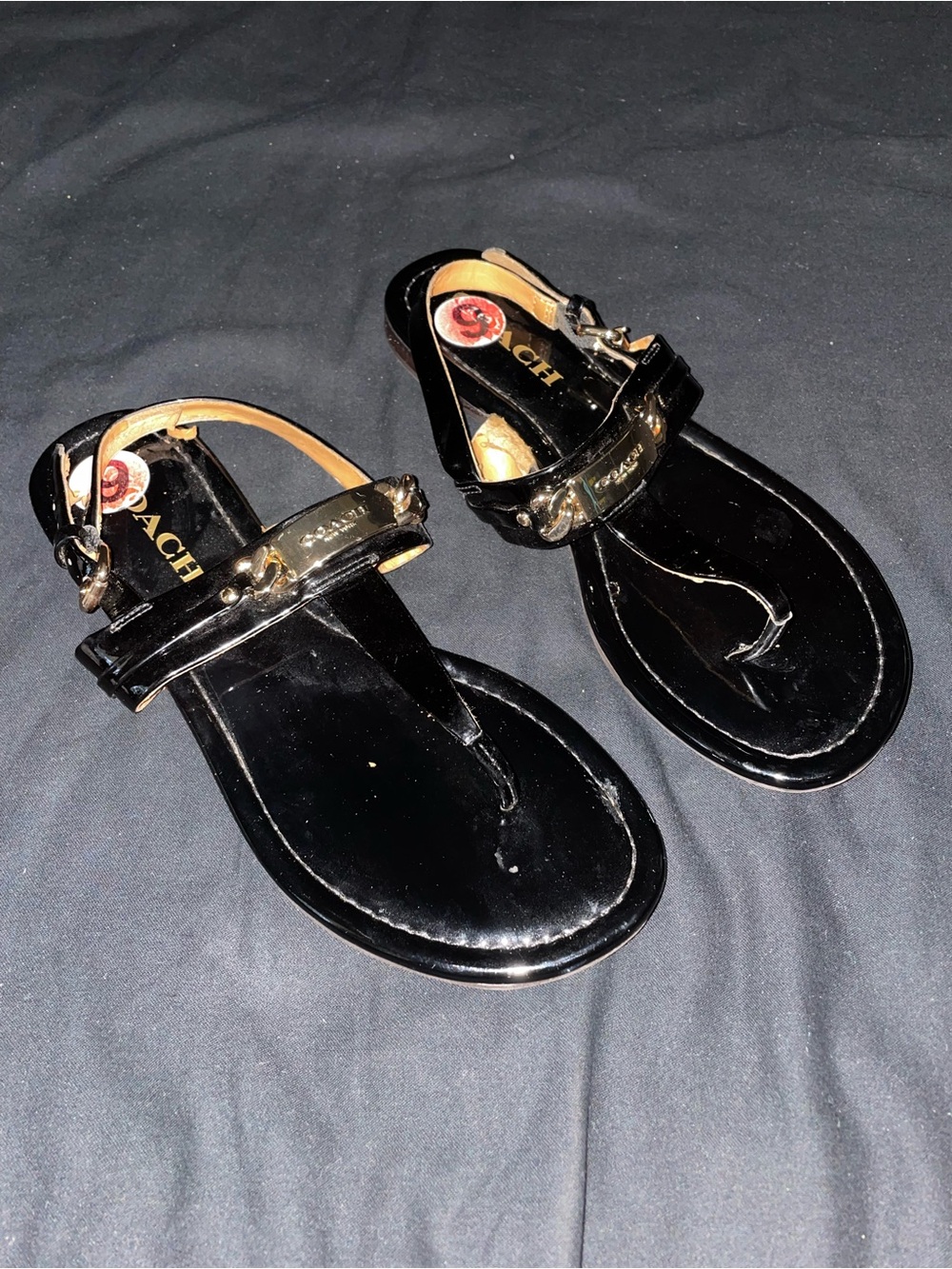 COACH Black Patent Leather T-Strap Sandals Size 6
